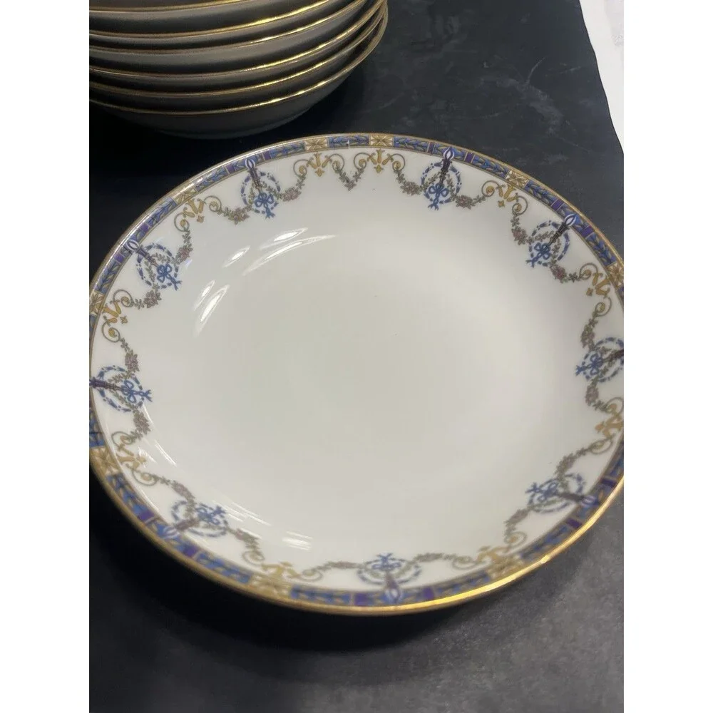 c1920’s Jean Pouyat Limoges Blue Ribbon Floral Garland Gold Rim 7.5” Soup Bowls